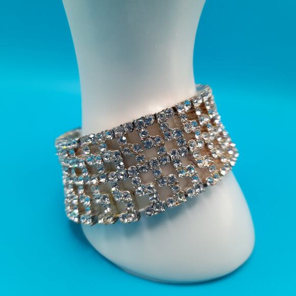 Vintage Monet Stretch Bracelet, Clear Rhinestones, Wide Bracelet - Picture 8 of 9
